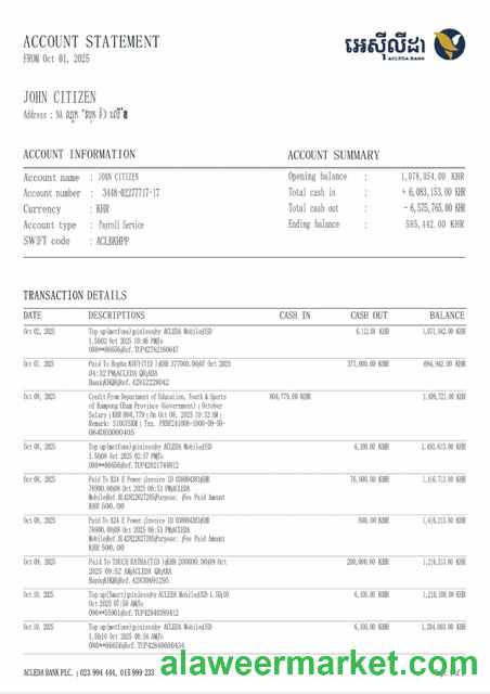 Cambodia ACLEDA Bank account statement Word and PDF template, version 2
